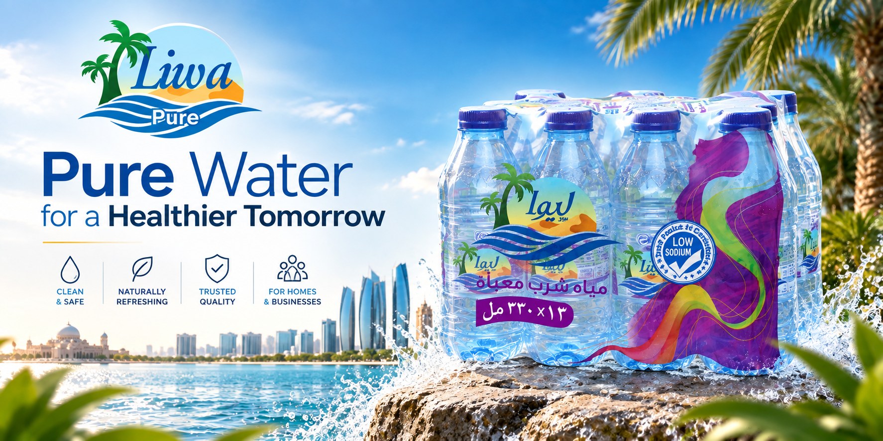 Liwa Pure Water for a Healthier Tomorrow - 330 ml bottled water pack with Abu Dhabi skyline